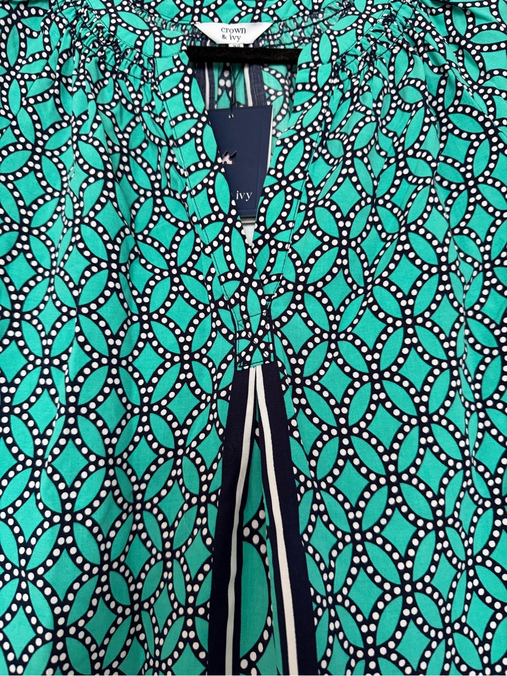 crown & ivy Core Peasant Teal Geometric Split-Front Blouse with Stripe Placket - Picture 3 of 8